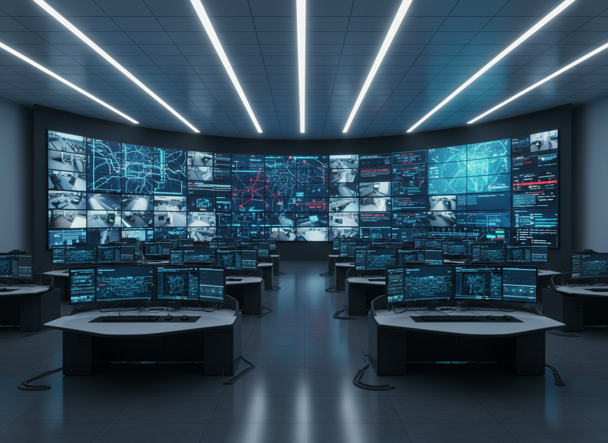 An ultra-modern security operations center without any people, dominated by a curved, wall-to-wall video wall displaying high-resolution live camera feeds, network maps, and real-time security alerts in blues and soft whites. Sleek black consoles with multiple thin-bezel monitors, illuminated keyboards, and neatly coiled cables form precise rows beneath. Cool, evenly diffused LED ceiling lighting creates a professional, focused ambiance, with subtle reflections on the polished dark floor. Photographic realism with a clean, enterprise aesthetic, captured from a slightly elevated wide-angle perspective that emphasizes scale and sophistication, with sharp focus throughout and a calm, controlled atmosphere suggesting powerful, AI-ready enterprise security technology in action.